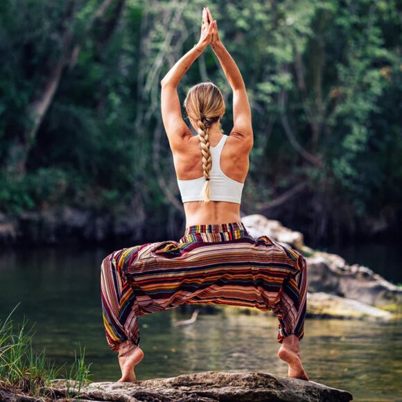 Buddha Pants Unisex Drawstring Boho Hippie Stripe Savannah Harem Pants Red - Picture 11 of 13